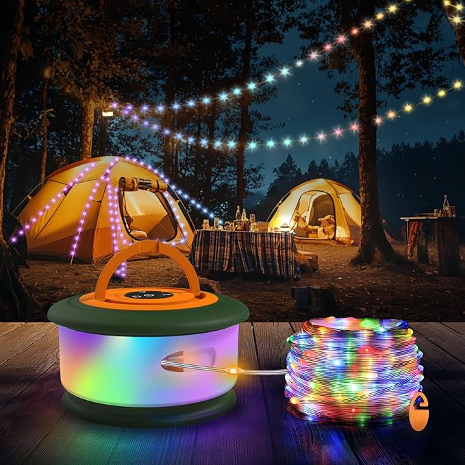 TOHETO Camping String Lights, 3 in 1 Upgraded Retractable RGB Outdoor Tent Lights with 19 Modes, Quick 30s Recovery, 32.8 FT Portable, Rechargeable Camping Lantern (Green & Orange)