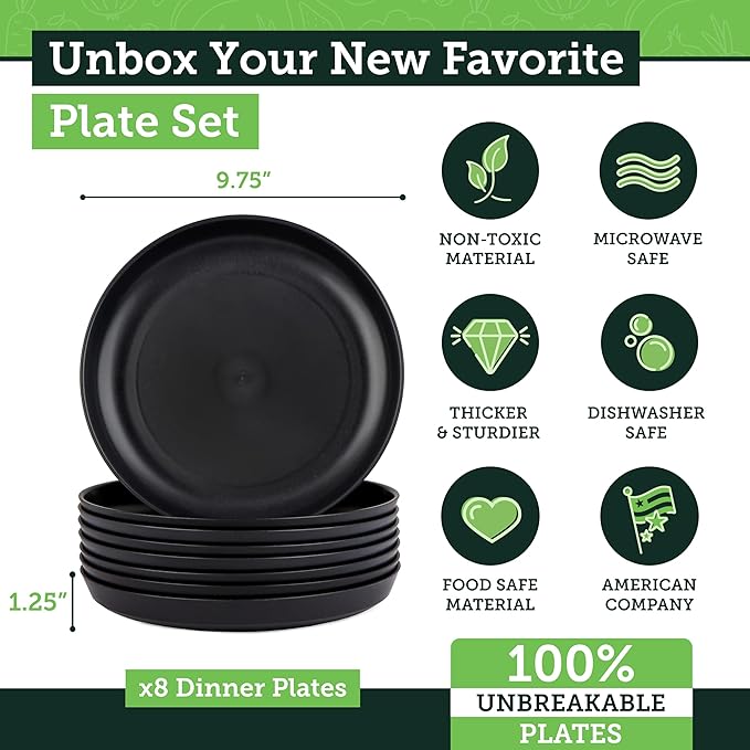 Grow Forward Premium Wheat Straw Plates - 10 Inch Reusable Hard Plastic Dinner Plates Set of 8 - Unbreakable Microwave Safe Plates for Dessert, Camping, RV, Outdoors, Patio, Kitchen Dishes - Midnight