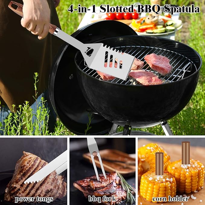 ROMANTICIST 27pcs Heavy Duty Grilling Gifts for Men Dad Fathers Day, Extra Thick BBQ Accessories Tools Set, Stainless Steel Grill Utensils Kit with Meat Claws,Canvas Bag for Outdoor Camping Brown