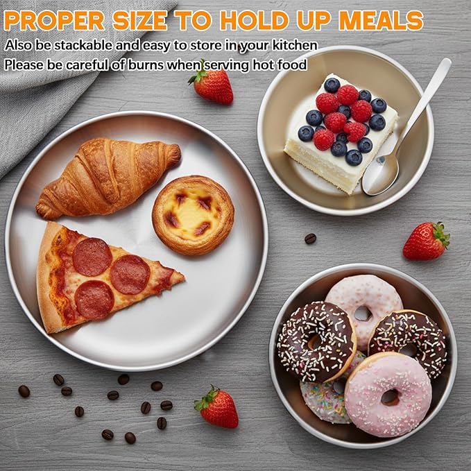304 Stainless Steel Plates and Bowls Sets for 6, 12 Pieces 9 Inch Metal Camping Plates and Bowls Sets for Picnic, Travel, Reusable Double Insulated Dinnerware for Adult Girls Boys (Silver)