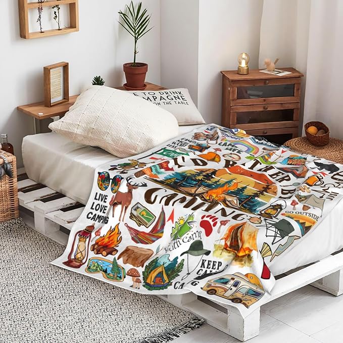 Camping Blanket Camping Gifts for Men Women Stuff Plush Camper Blankets and Throws Camping Gifts for Men Women Boys Teens Camping Lovers Birthday Party Decorations Hiking Fishing 60"X50"