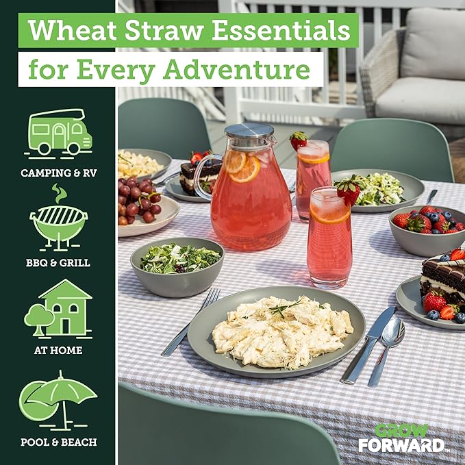 Grow Forward 24-piece Premium Wheat Straw Dinnerware Sets for 8 - Dinner Plates, Dessert Plates, Cereal Bowls - Unbreakable Microwave Safe Plastic Plates and Bowls Sets, RV, Kitchen Dishes - Feather