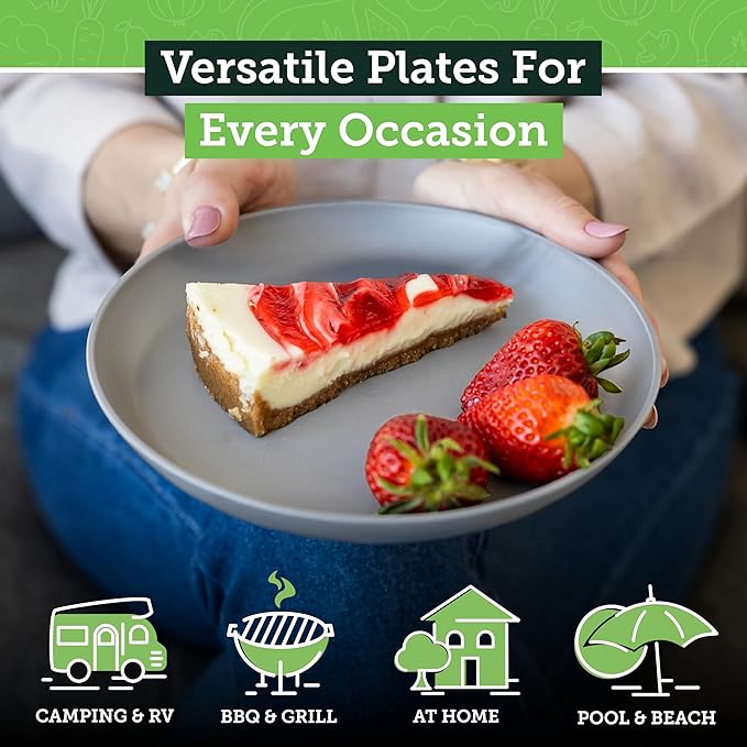 Grow Forward Premium Wheat Straw Plates - 8 Inch Reusable Hard Plastic Dinner Plates Set of 8 - Unbreakable Microwave Safe Plates for Dessert, Camping, RV, Outdoors, Patio, Kitchen Dishes - Feather