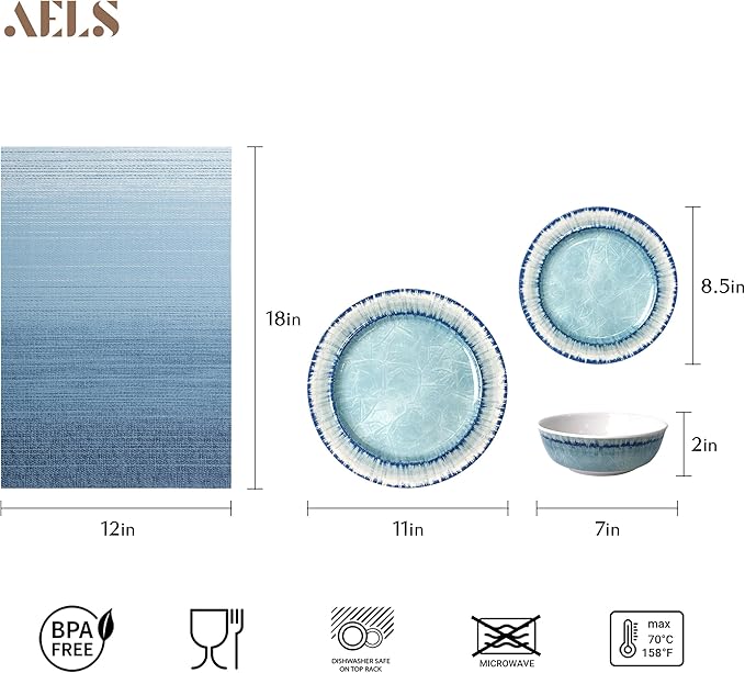 AELS Melamine Dinnerware Set of 12 Pcs Dinner Dishes Set with 4 Placemats for Indoor and Outdoor Use, Dishwasher Safe, Lightweight Unbreakable, BPA Free, Light Blue