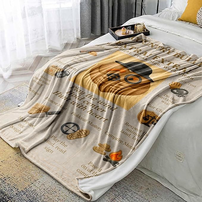 Hunting Quote Gifts Throw Blanket 60x50, Soft Flannel Fleece, Vintage Fieldcraft Bulletin Design, Rustic Lodge & Man Cave Decor, Outdoorsman Gift for Men and Dad
