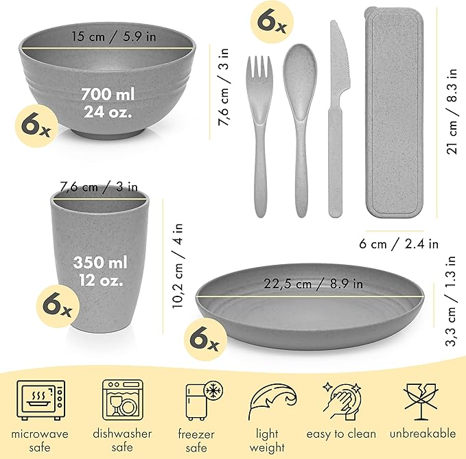 FOODLE Wheat Straw Dinnerware Set - BPA Free & Safety Certified - Unbreakable, Microwave & Dishwasher Safe - Dorm & RV Dishes - Camping Plates Cups and Bowls Set - Great for Kids & Adults - For 6
