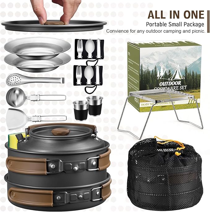 18Pcs Camping Cookware Mess Kit, Joyfair 7.8” Nonstick Camp Cooking Utensil Set (Pot, Pan, Kettle, Grill Grate), Outdoor Backpacking Gear Open Fire Essentials Accessories, Compact/Portable/Lightweight