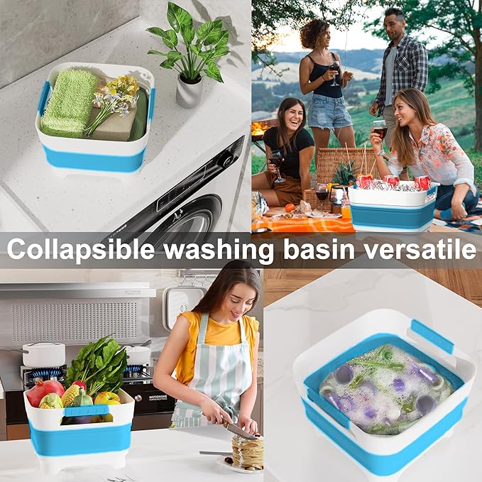 MontNorth 2.4 Gal Collapsbile Wash Basin with Drian Plug,9L Dish Pan for Soaking Baby Bottles,Portable Sink, Multiuse Foldable Bucket,Ice Beverage Tubs for Camping, Vegetable Washing, RV (Blue)