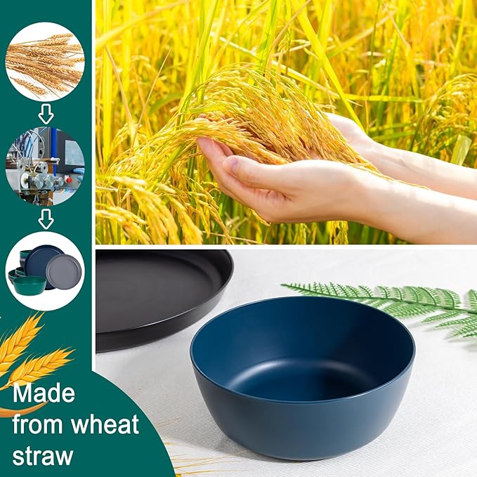 EI 12pcs Wheat Straw Plates,Plastic Plates Reusable,Unbreakable Plastic Plate,Wheat Straw Dinnerware Set,Melamine Plate-Black,Dark Grey,Dark Green,Dark Blue,Dinner, Camping,Picnic