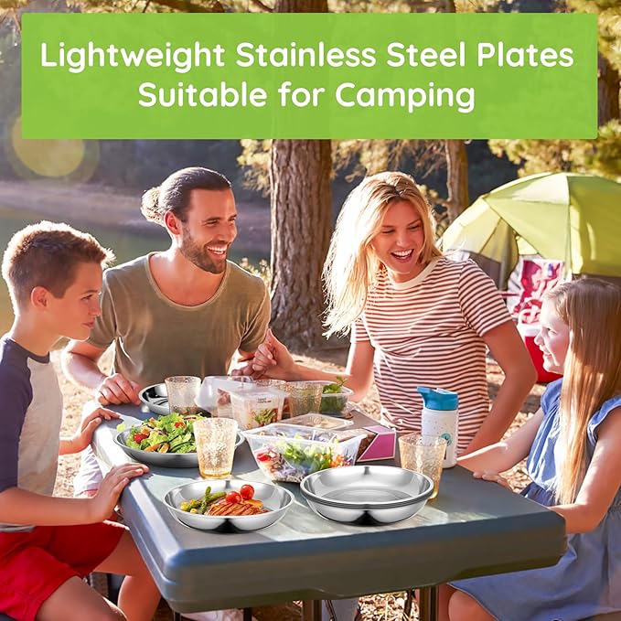 Patterned Deep Metal Camping Plates, 8 Pack 9.4 inch 201 Stainless Steel Plates, Reusable Pizza Food Serving Snack Eating Salad Dishes Round Shatterproof Silver Dinnerware Dinner Oven Safe