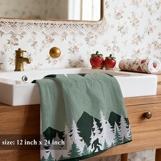 Funny Bigfoot Sasquatch Forest Kitchen Dish Tea Towels 16x24, Camper Decor Hand Towels for Bathroom, Camping Camper Bigfoot Gifts for Women,Big Foot Sasquatch Gifts