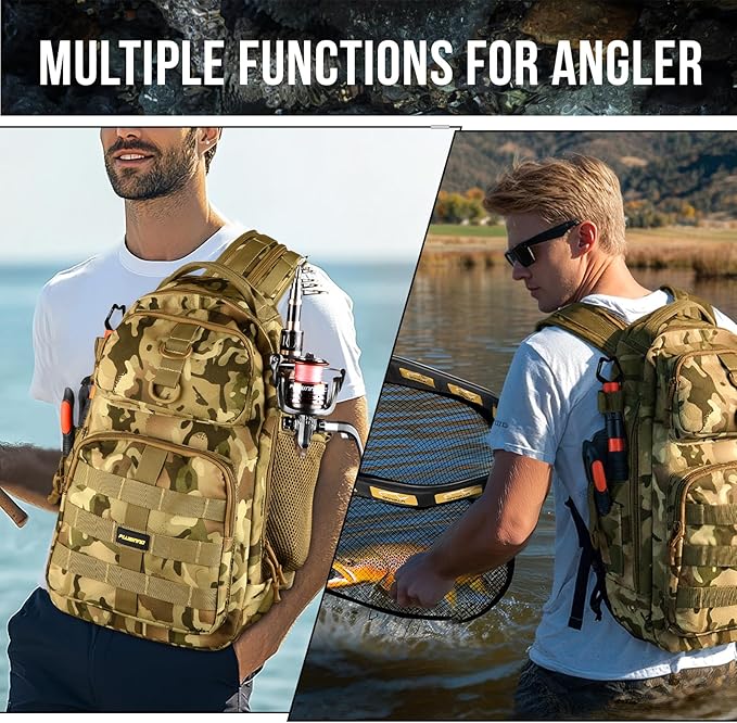 PLUSINNO Fishing Backpack with Floating Fishing Net, Tackle Boxes, Waterproof Sling Tackle Bag For Fish Gear With Rod Holder, Gifts for Men