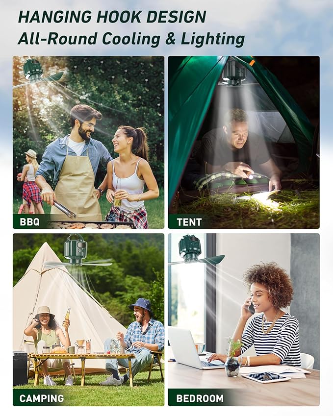 DUKUSEEK Tent Ceiling Fans for Camping, 10400mAH Large Capacity Portable Hanging Tent Fans with Light and Remote Control, USB Battery Operated Camping Fan for Canopy Tent Beach army green