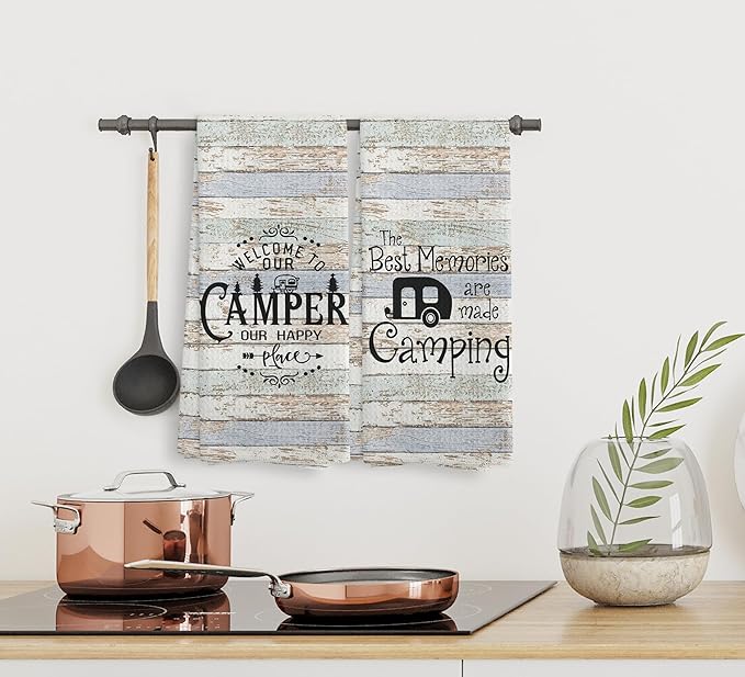 Welcome to Our Camper Camping Kitchen Towels and Dishcloths Sets of 2,Campsite Cabin RV Drying Cloth Hand Towels Tea Towels for Bathroom Kitchen,Campers Camping Lovers Gifts,16×24 inches