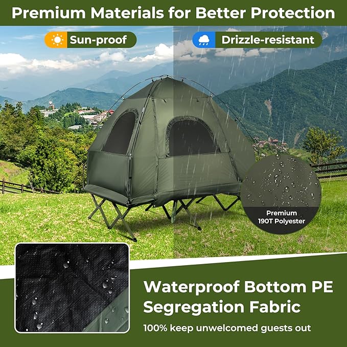 GYMAX Tent Cot, 5-in-1 Folding Camping Cot with Mattress & Pillows, Sleeping Bags, Sunshade, Camping Tent Elevated with Carrying Bag for Outdoor Hiking, Fishing, Picnic