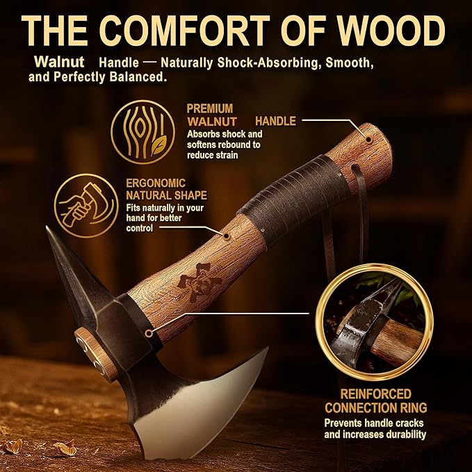 Grumpy Bear 11" Camping Hatchet, Survival Axe with Sheath, High Carbon Steel and Wood Handle, Anti-Slip Grip – Ideal for Bushcraft, Wood Splitting & Outdoor Adventures