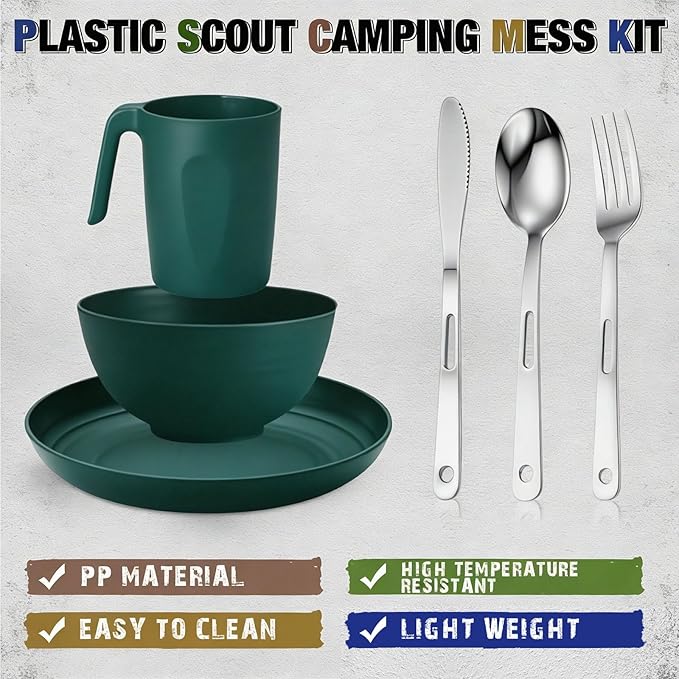 Scout Camping Mess Kit for Person Boy Scout Dishes Set Girl Scout Mess Kit with Mesh Bag Reusable Light Weight Eating Utensils Plastic Camping Cutlery Set for Travel Camp