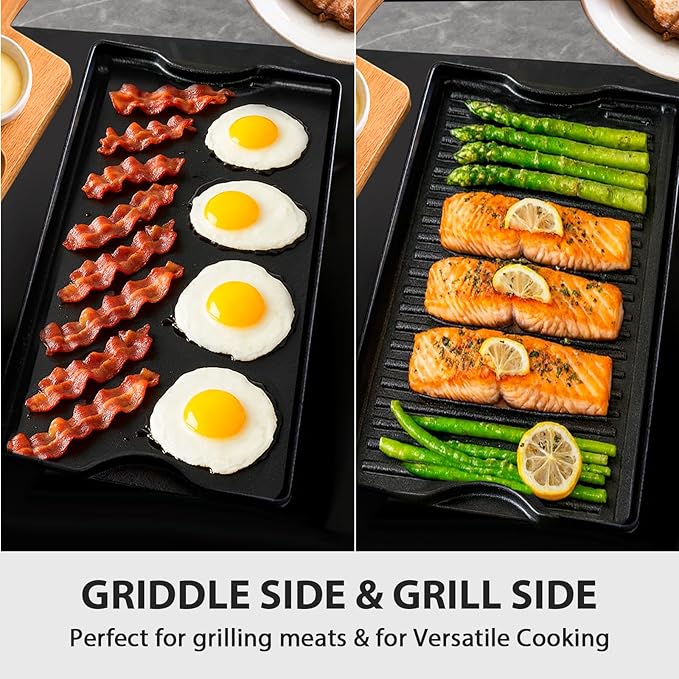 Utheer Griddle Kit, 19.5" x 10.5" Reversible Cast Iron Flat Top Griddle with 5-Piece Scratch-Free Silicone Tools, Ceramic Nonstick Grill Griddle for Stove Top, Gas Grill, BBQ and Camping
