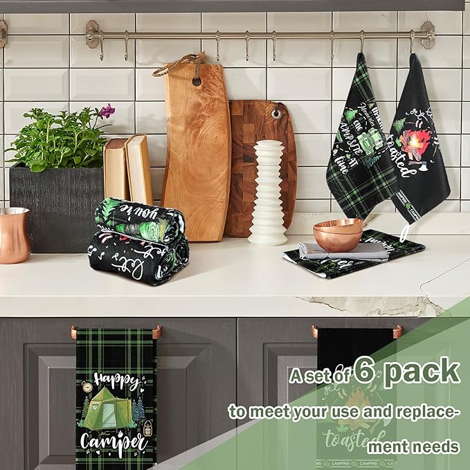 Redbaker 6 Pcs Camping Kitchen Towels Bonfire Tent Car Dishcloth Outdoors Happy Camper Hand Tea Towels Decorative Set Absorbent Camping Decor with Hanging Loop for Camper Gifts RV Accessories(Black)