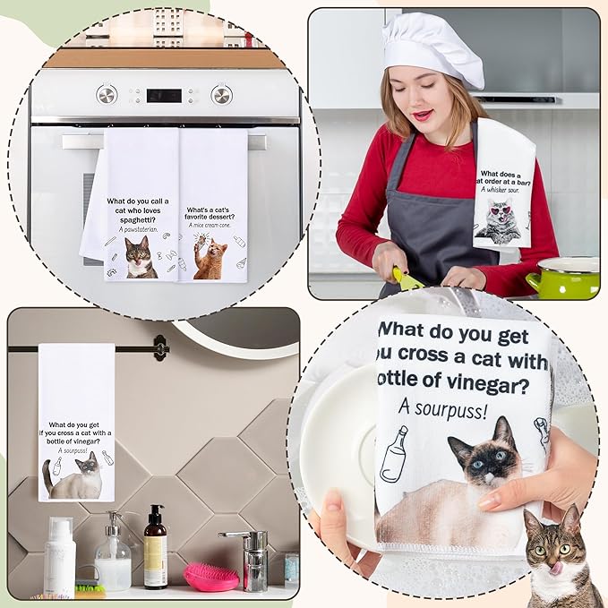 R HORSE 5Pcs Cats Kitchen Towels Set - Funny Cat Pun Jokes Absorbent Quick Dry Cloth Dish Tea Towels Reusable Bar Hand Dishcloths Decor for Cat Lovers Bathroom Kitchen Home Supplies Housewarming Gifts