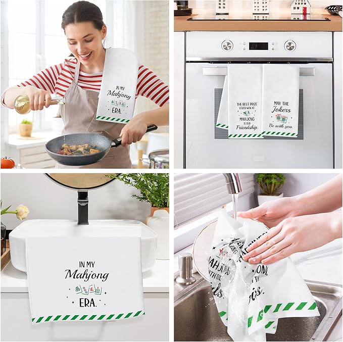 R HORSE Mahjong Kitchen Dish Towel - 5Pcs Mahjong Cleaning Dishcloth Funny Absorbent Bar Quick Dry Hand Towel Tea Towels Xmas Holiday Birthday Gift for Women Men Game Lovers Housewarming Decoration