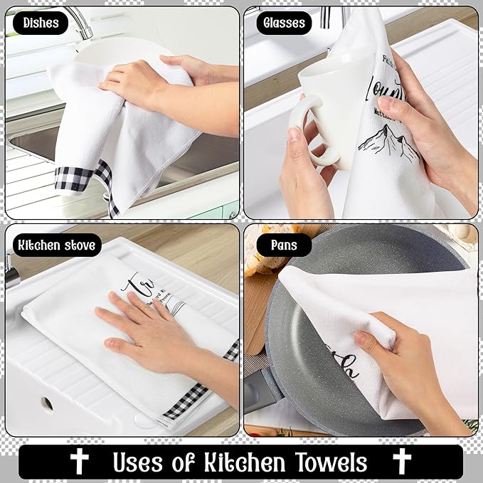 R HORSE Religious Christian Kitchen Dish Towel 5Pcs Bible Verse Scripture Kitchen Cleaning Dishcloth, Black and White Check Absorbent Hand Towel for Women Men Religious Housewarming Gift
