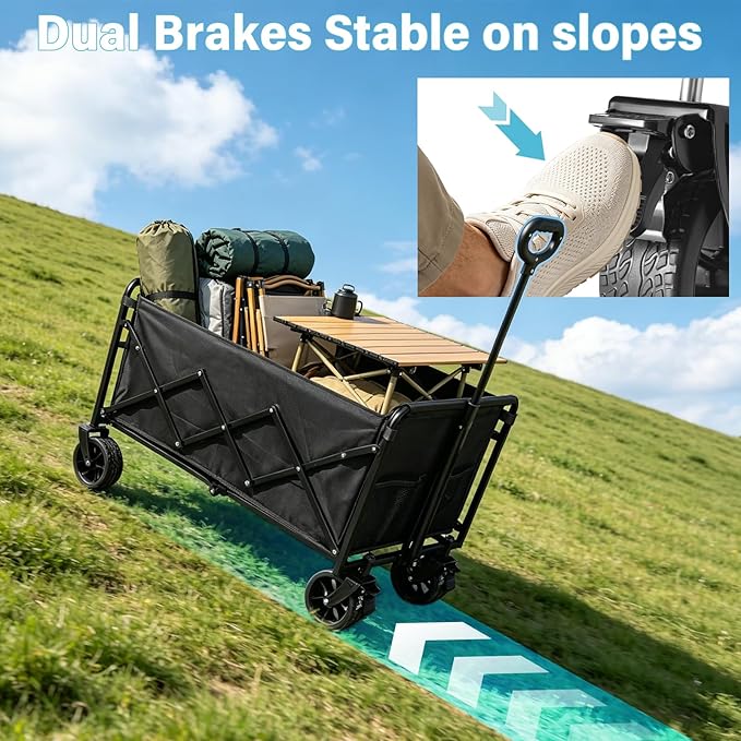 600LBS Beach Wagons Carts Foldable for Sand, Heavy Duty Collapsible Wagon with Brakes & All-Terrain Big Wheels, Large Foldable Folding Wagons for Beach Camp Sports Grocery, Portable