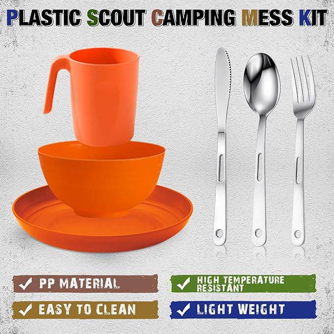 Scout Camping Mess Kit for Person Boy Scout Dishes Set Girl Scout Mess Kit with Mesh Bag Reusable Light Weight Eating Utensils Plastic Camping Cutlery Set for Travel Camp