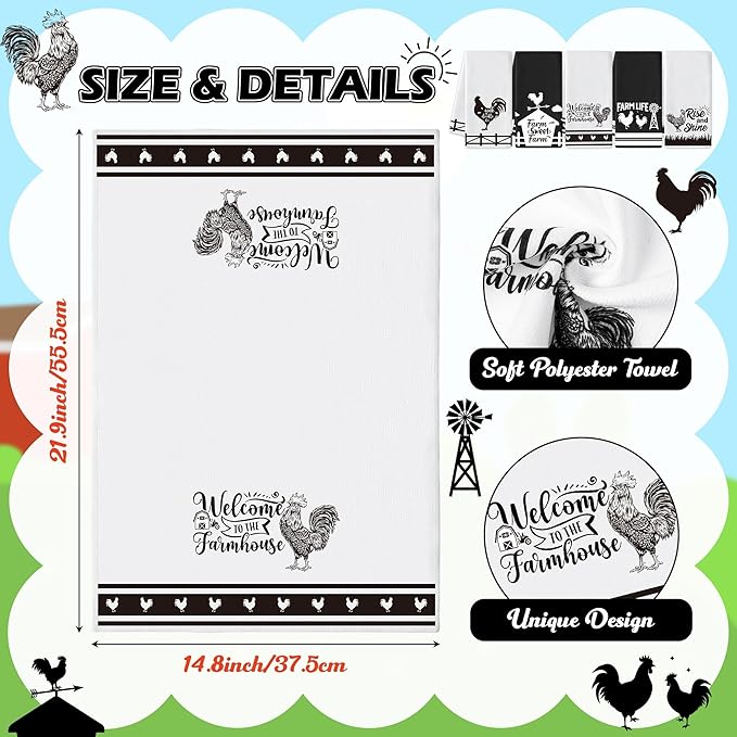 R HORSE Funny Chickens Kitchen Dish Towe - 5Pcs Farm Rooster Themed Kitchen Dishcloth Black White Chickens Absorbent Cleaning Dishcloth Bar Hilarious HandHand Towels for Mom Women Housewarming Gifts