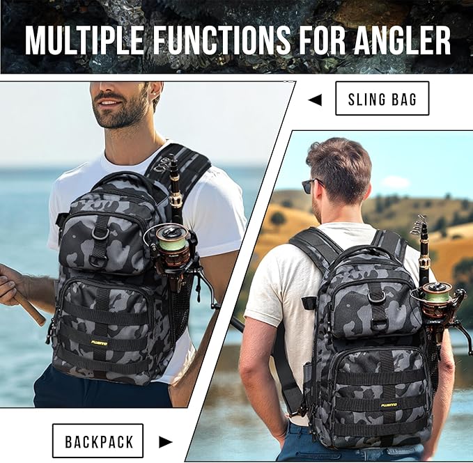 PLUSINNO Fishing Backpack with Tackle Boxes, Waterproof Fishing Sling Tackle Bag For Fishing Gear With Rod Holder, Fishing Gifts for Men With Fishing lures, Fishing pliers.