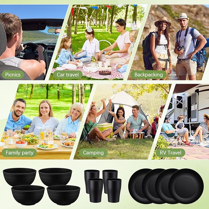 Teenyyou 4 Sets Camping Mess Kits for 4 Person Camping Silverware Set Include Cup, Bowl, Plate, Knife, Spoon, Fork Cutlery Set Unbreakable Wheat Straw Dinnerware Utensils for Travel