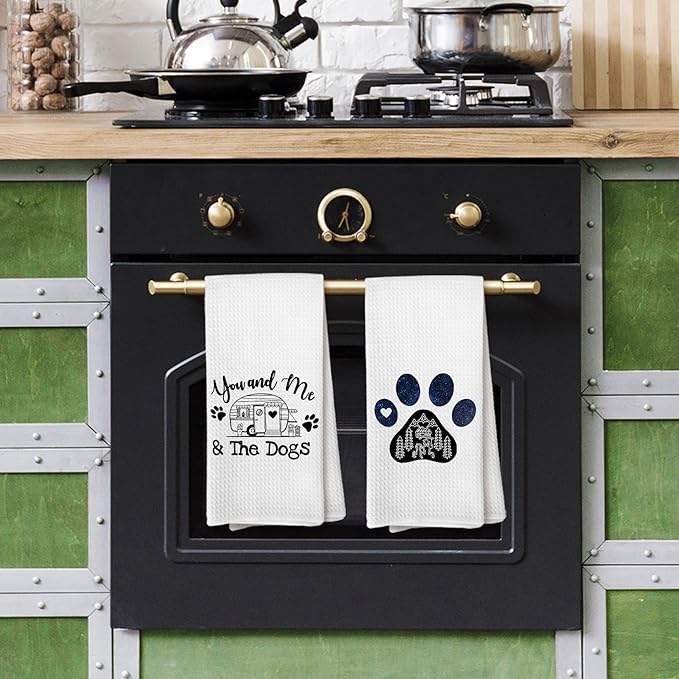 White You and Me and The Dogs Camping Kitchen Towels, Dog Kitchen Towels, RV Campsite Decor, Camping Supplies for RV Campers Campers Lovers Women Men 16x24 in Set of 2
