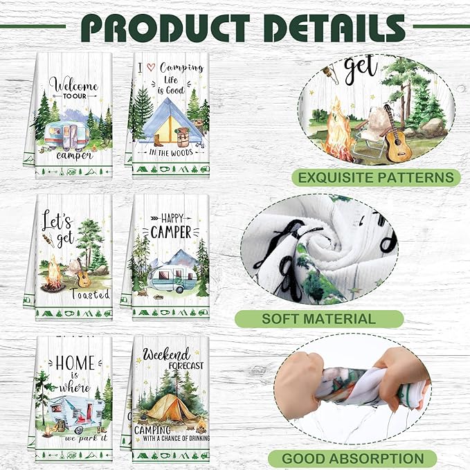 Macarrie Camping Kitchen Towels Set of 6 Dish Hand Tea Towels Kit Printed with Funny Sayings Bonfire Tent Car Novelty Gifts for Campers Happy Camper Camping Accessories for Rv Campers, 21 x 14 Inches