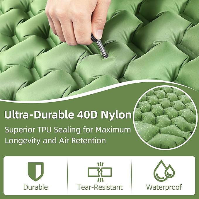 Camping Sleeping Pad, Extra-Thick Camping Mattress with Pillow, Built-in Foot Pump 3.56" Ultralight Inflatable Sleeping Pads for Camping Hiking Backpacking Traveling Tent, Green, Single