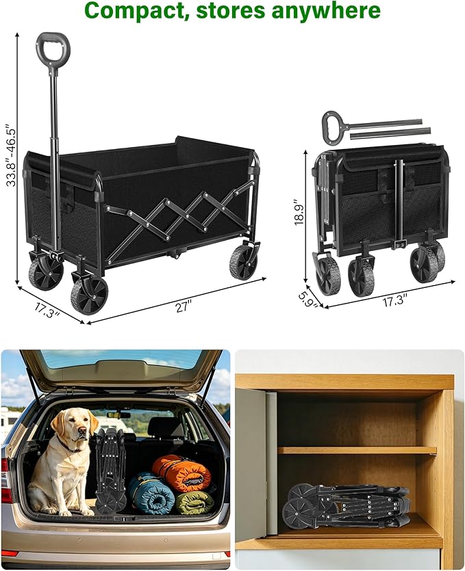Collapsible Wagons Carts Foldable Wagon, Foldable Wagon Cart with Wheels, Folding Wagons for Beach Camp Sports Garden, 2 Cup Holders/Lightweight Portable/Black/360 LBS