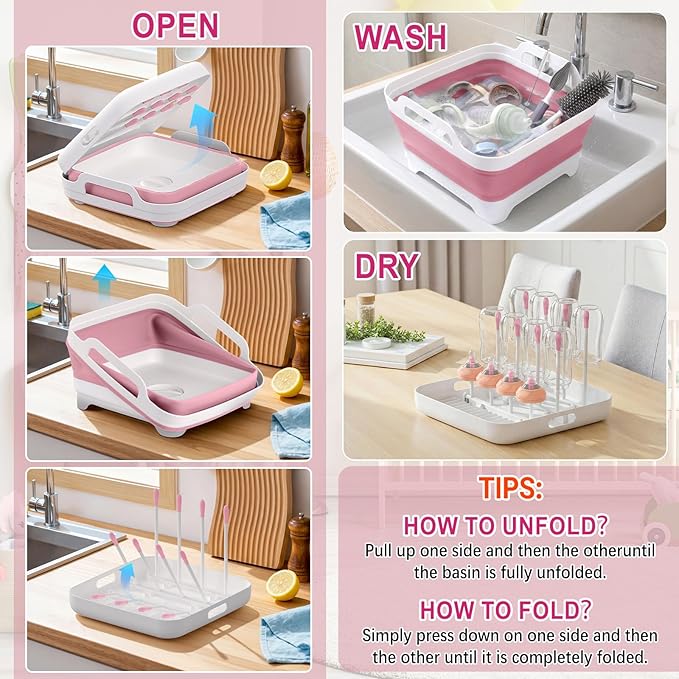 Collapsible Wash Basin for Baby Bottles with Drying Rack – 2.4 Gallon Foldable Dish Tub with Handles, Portable RV Camping Sink & Space-Saving Wash Bin with Lid for Kitchen, Travel & Outdoor, Pink