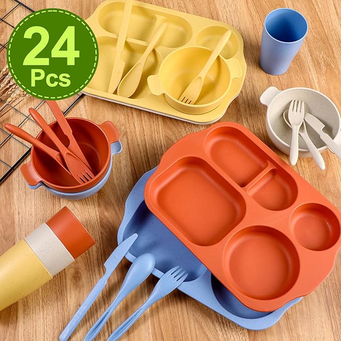 24 Pcs Wheat Straw Dinnerware Cutlery Set for Aldult Including Divided Plates Microwave Dishwasher Safe Bowl Unbreakable Tableware Straw Cutlery Spoon Knife Fork(Mixed Color)