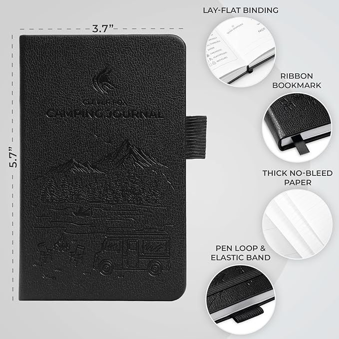 Clever Fox Camping Journal Pocket – Camping Log Book & Outdoor Adventure Journal – RV Travel Log Book – Gifts, Accessories & RV Essentials for Travel Trailers, 14 Trips, 3.7x5.7” (Black)