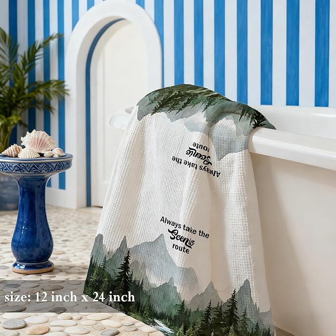 Camping Forest Scenic Mountain Nature Kitchen Towels 16x24,Camper Lover Gifts,Always Take The Scenic Route Forest Green Camping Rv Hand Towels for Bathroom Kitchen