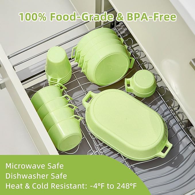 Dinnerware Set for 4, 21-Piece Reusable Plates and Bowls Set with Mesh Bag, Cups, Sauce Dishes and Serving Platters, Lightweight Outdoor Dish Set for Picnic, RV, Patio, BBQ, Sage Green