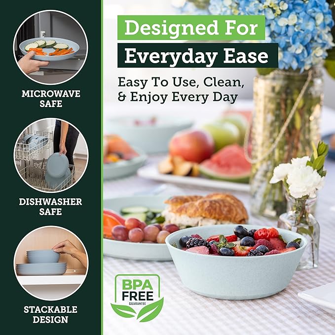 Grow Forward Premium Wheat Straw Plates and Bowls Sets - 8-Piece Wheat Straw Dinnerware Sets - Unbreakable & Reusable Microwave Safe Plastic Dinner Plates for Outdoors, RV, Camping Dishes - Glacier