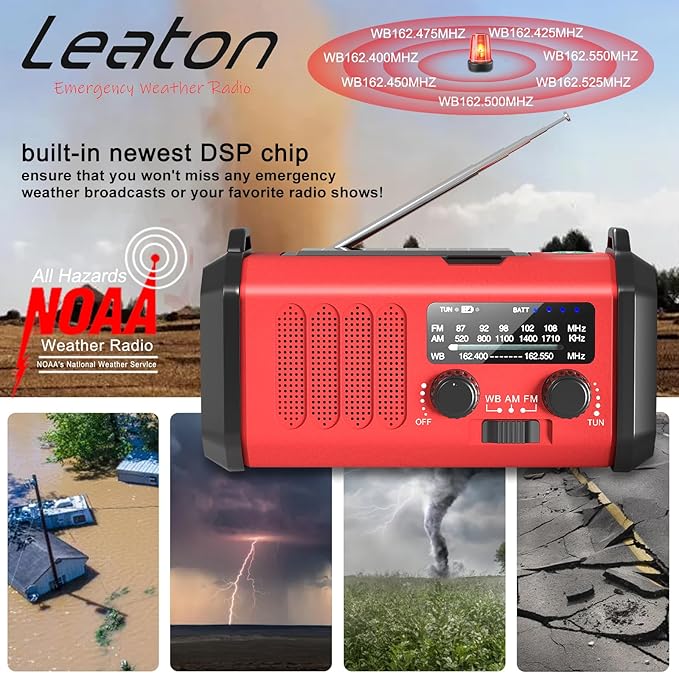 Leaton Emergency Radio NOAA Weather Radio Hand Crank & Solar Charging 20000mAh/74000mWh Rechargeable Battery Built-in Flashlight Reading Light & SOS AM/FM & Portable for Camping & Emergencies