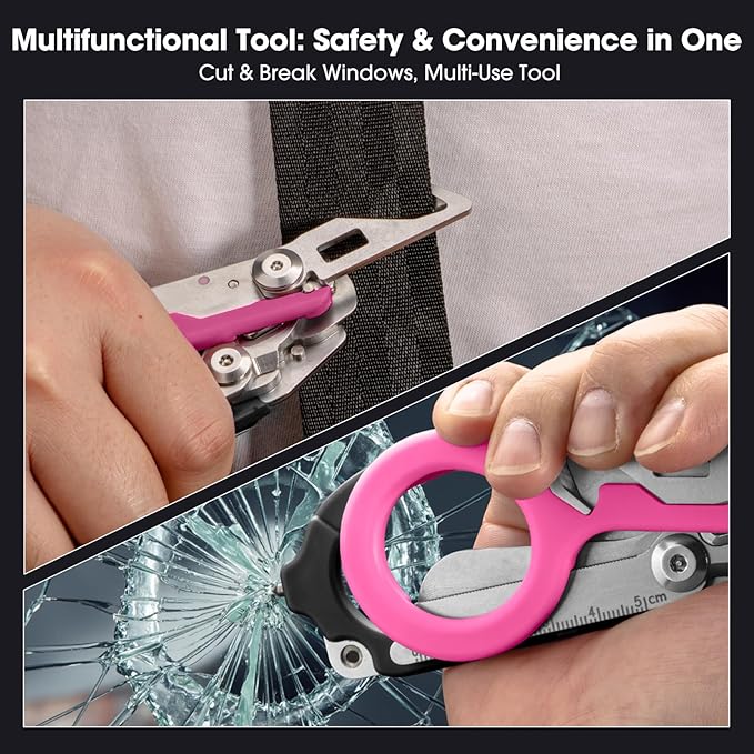 trauma shears, foldable emergency scissors, combining 6 functions into one, suitable for outdoor camping, emergency rescue, and wilderness survival. (black-pink)