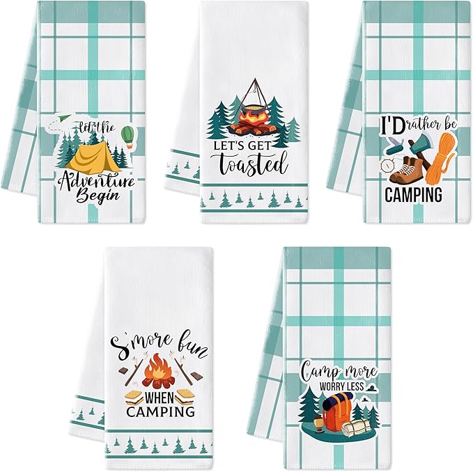 R HORSE Funny Kitchen Dish Towels - 5Pcs Camping Kitchen Hand Towels, Soft Absorbent Cleaning Dishcloth Home Bathroom Decor Camper Accessories for Campers Hikers Outdoor Lovers Camping Gifts