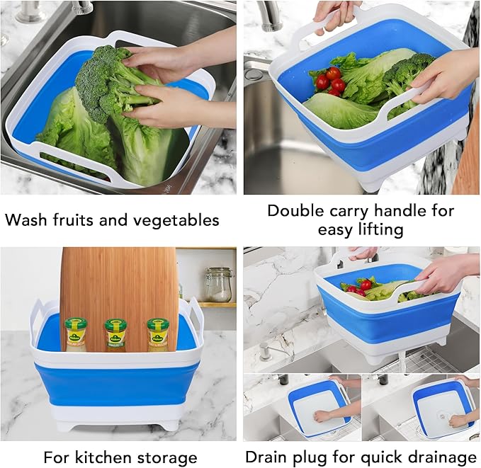Tiawudi Dishpan for Washing Dishes, 2.4Gal/9L Wash Basin with Draining Plug Carry Handles, Collapsible Bucket for Cleaning, Portable Sink, Foldable Plastic Tub, 1PC