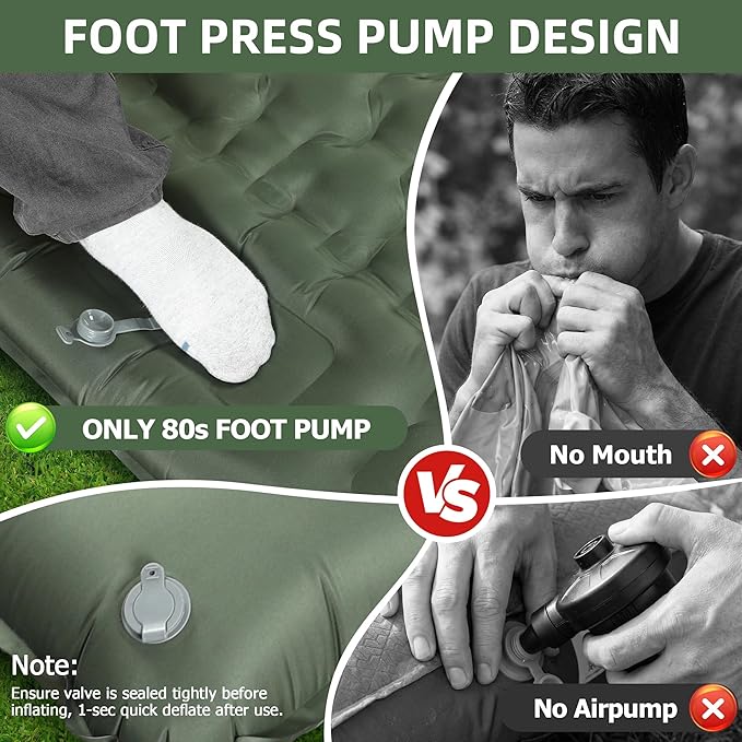 Camping Sleeping Pad, 4.7" Extra-Thick Camping Mattress with Pillow, Built-in Foot Pump Ultralight Inflatable Sleeping Pads for Camping Hiking Backpacking Traveling Tent, Military Green, Single