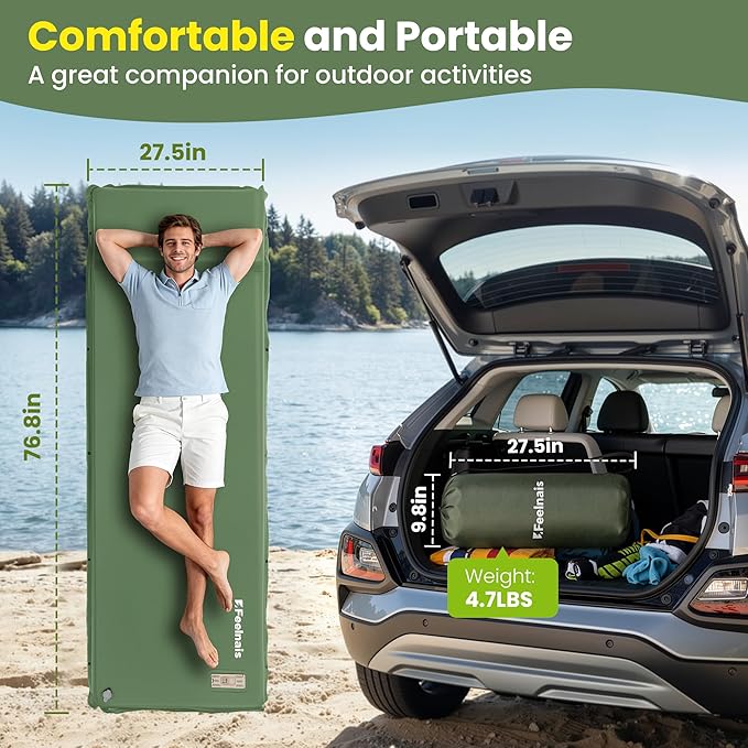 Self Inflating Sleeping Pad with Electric Pump, Memory Foam Camping Pad with Built-in Pillow, 4 Season Camping Mattress Pad, Camping Essentials Gear for Tent, Car, Hiking - Green