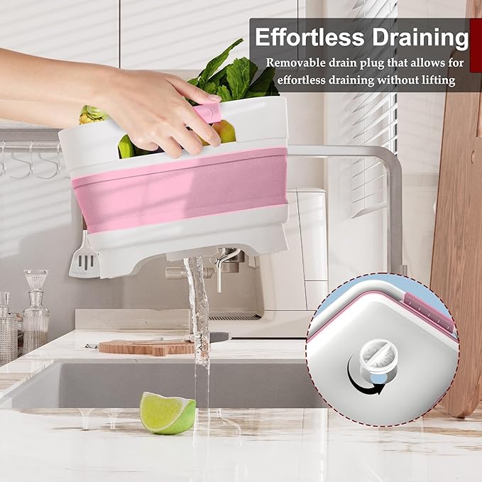 MontNorth 2.4 Gal Collapsbile Wash Basin with Drian Plug,9L Dish Pan for Soaking Baby Bottles,Portable Sink, Multiuse Foldable Bucket,Ice Beverage Tubs for Camping, Vegetable Washing, RV (Pink)