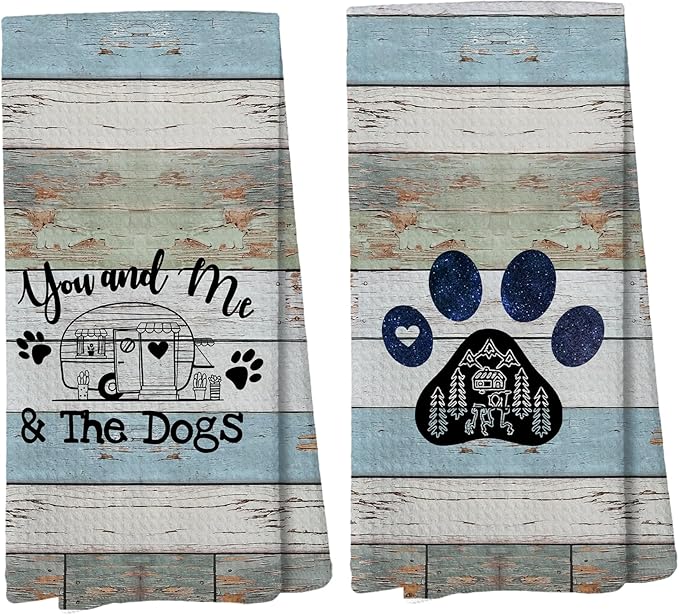 Vintage Blue You and Me and The Dogs Camping Kitchen Towels, Dog Kitchen Towels, RV Campsite Decor, Camping Supplies for RV Campers Campers Lovers Women Men 16x24 in Set of 2