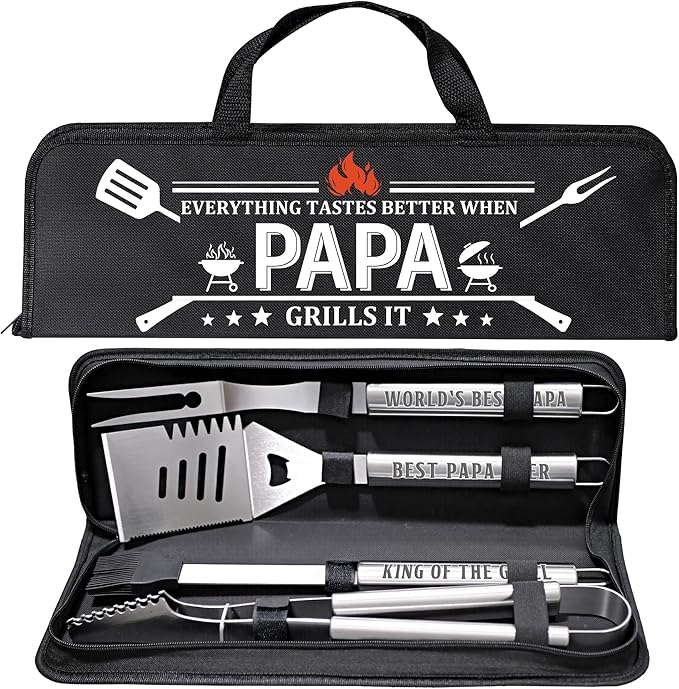 Papa Gifts from Grandkids, Gifts for Papa Christmas, Grilling Accessories, Heavy Duty Stainless Steel Grill Set BBQ Grill Tools for Outdoor Grill with Aluminum Case, Camping Grill Utensils Set